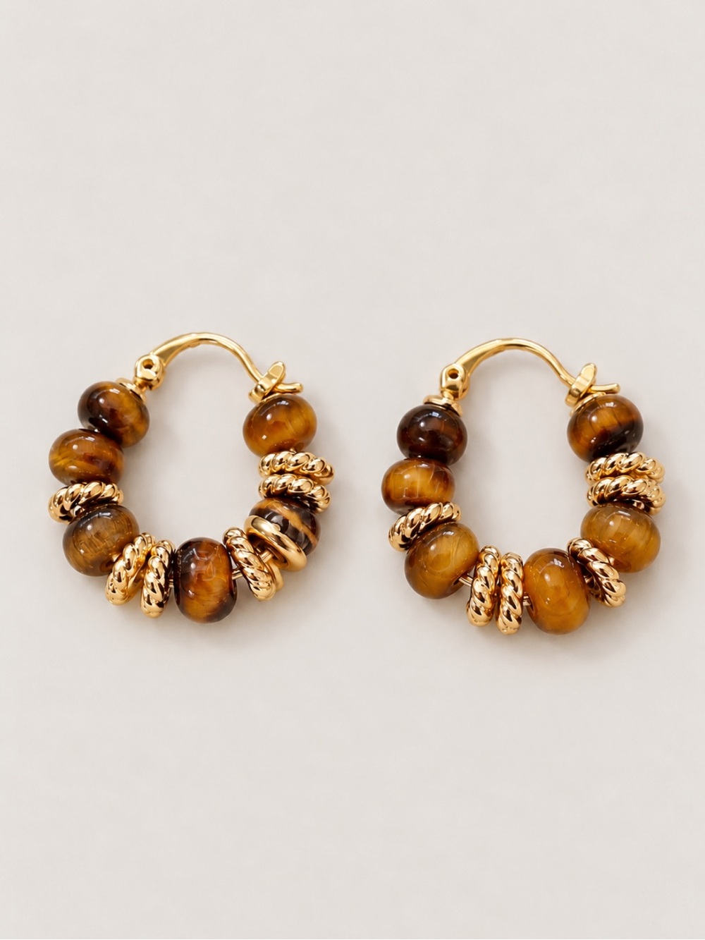New! Amber Tiger Eye Brown Beaded Gold Hoop Earrings NWOT